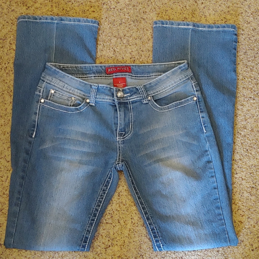 Red Rivet Wiskered Embellished Jeans
